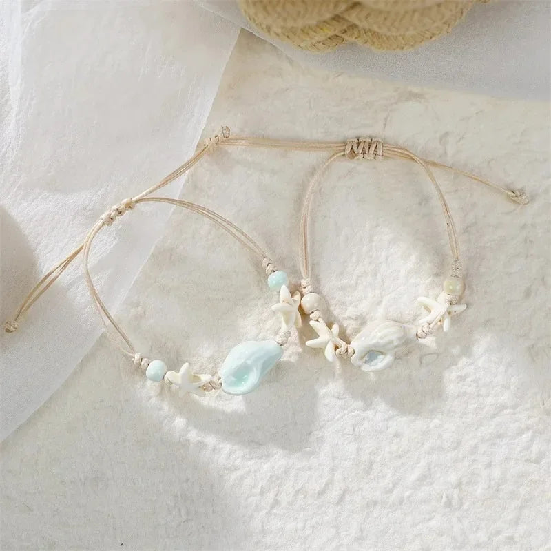 Bohemian Conch, Starfish and Shell Beaded Bangle Bracelet