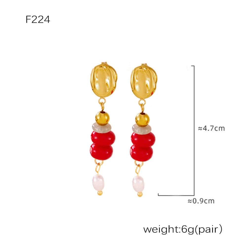 Multi-Color Natural Stone Dangle Earrings, Waterproof Stainless Steel Boho Jewelry