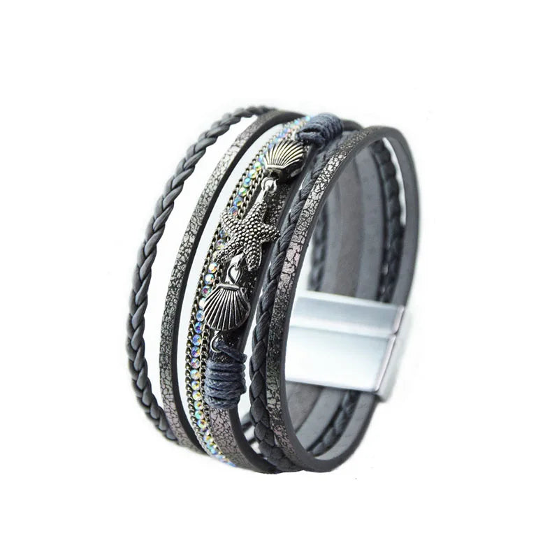 Starfish Shell Braided Leather Cuff Bracelet