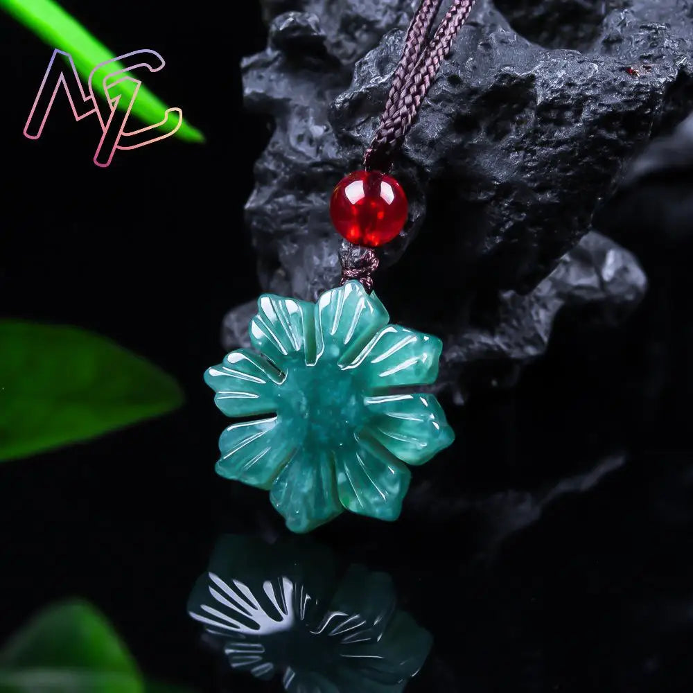Myanmar Jadeite Snowflake Pendant Necklace, Real Jade Vintage Carved Amulet