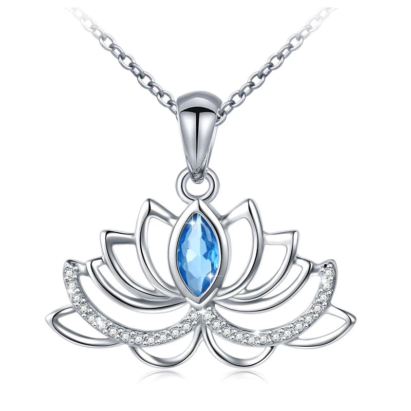 Huitan Lotus Flower Pendant Necklace, Silver Blue CZ Wedding Talisman