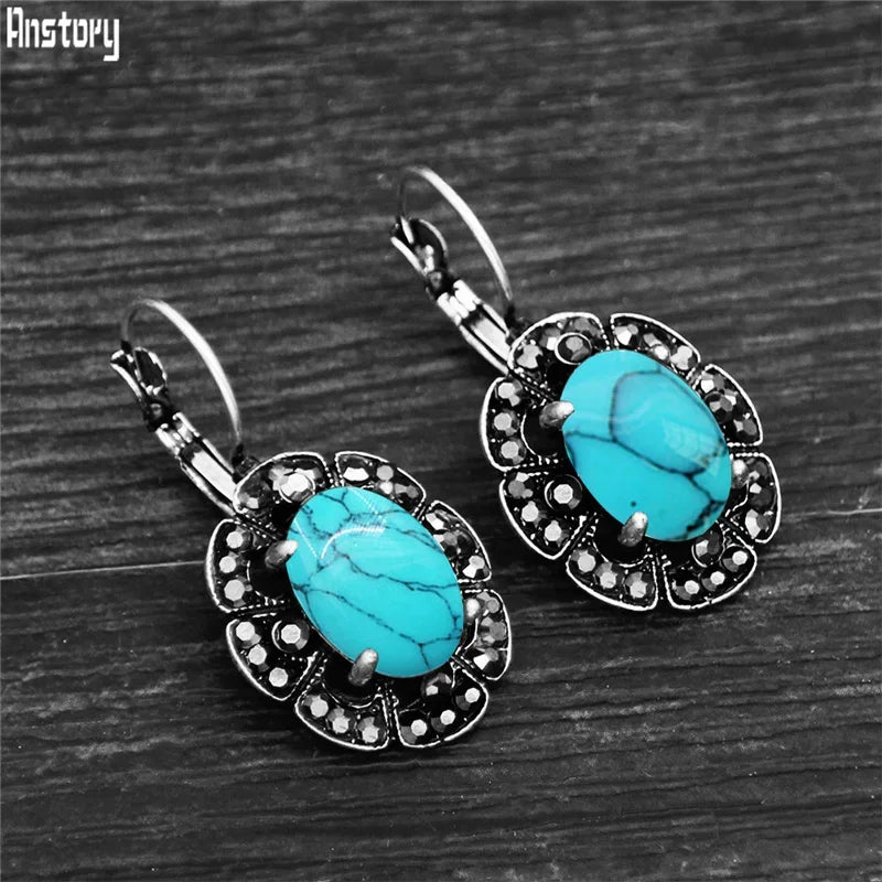 Vintage Plumflower Natural Lapis Lazuli Rhinestone Earrings For Women Tibetan Silver Plated Natural Stone Tiger Eye Earring - Charlie Dolly