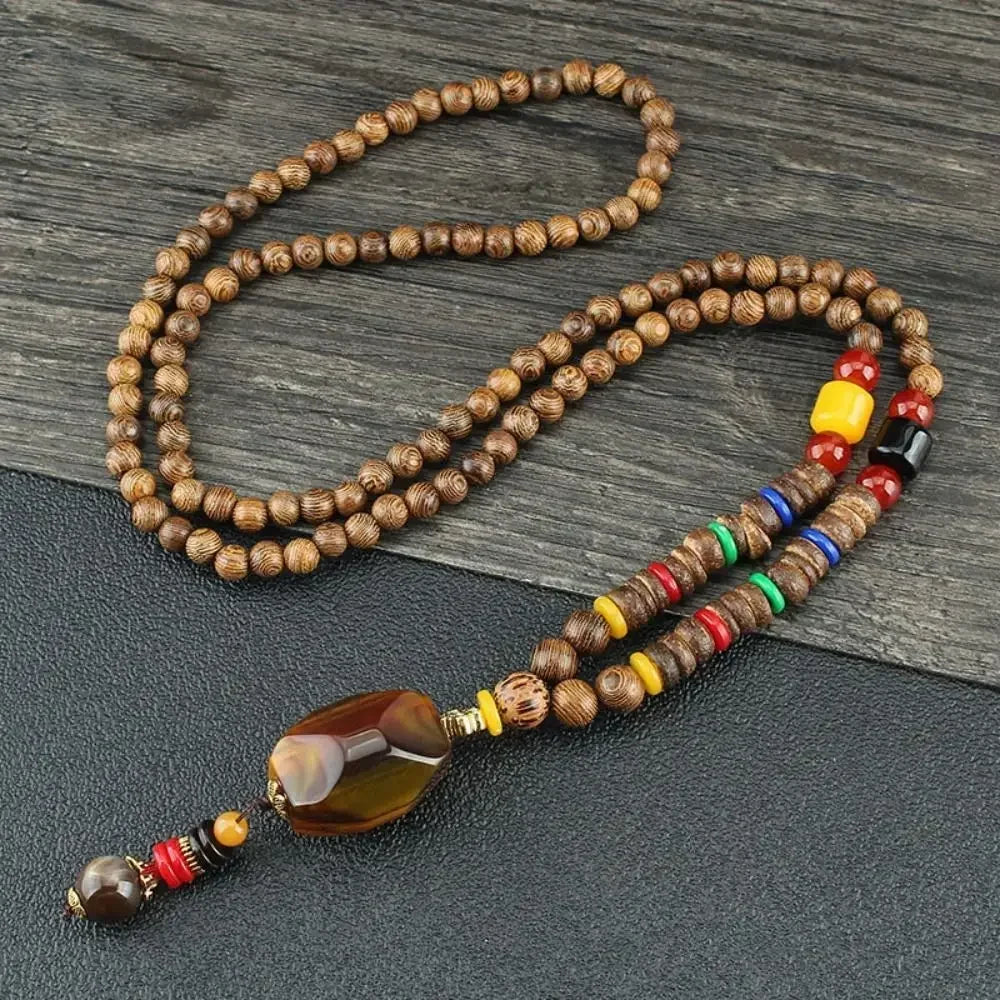 Nepal Wood Bead Mala Pendant Necklace Jewelry