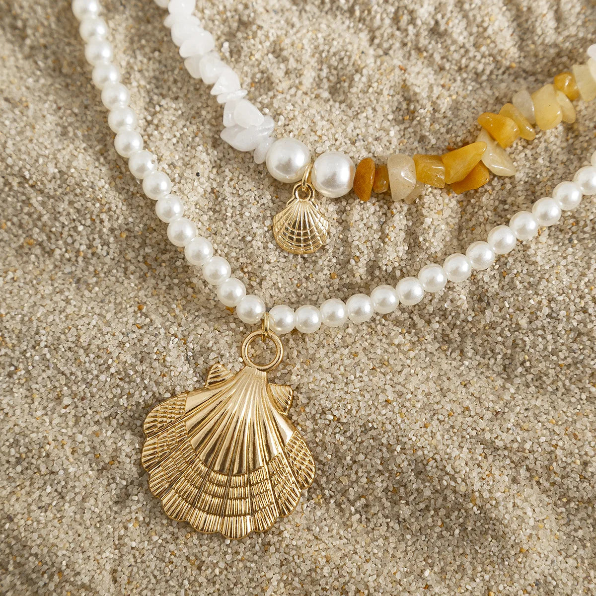 Shell Starfish and Pearl Layered Chain Boho Necklace