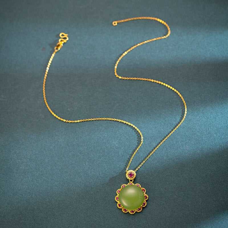 HOYON 18K Gold Color Necklace for Women Jade Chalcedony Gems Sunflower Pendant Inlaid Zircon Pendant Clavicle Chain Neck Collar