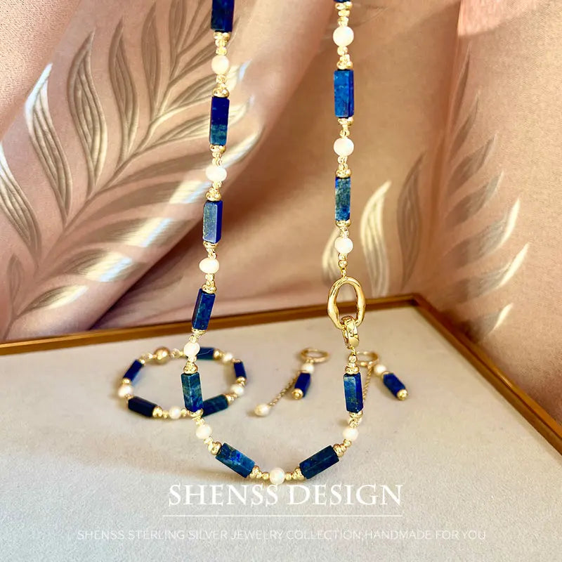 Exclusive Design Personalized Natural Freshwater Pearl Lapis lazuli Necklace Bracelet Earrings Copper Plated 14k Gold Accessorie - Charlie Dolly