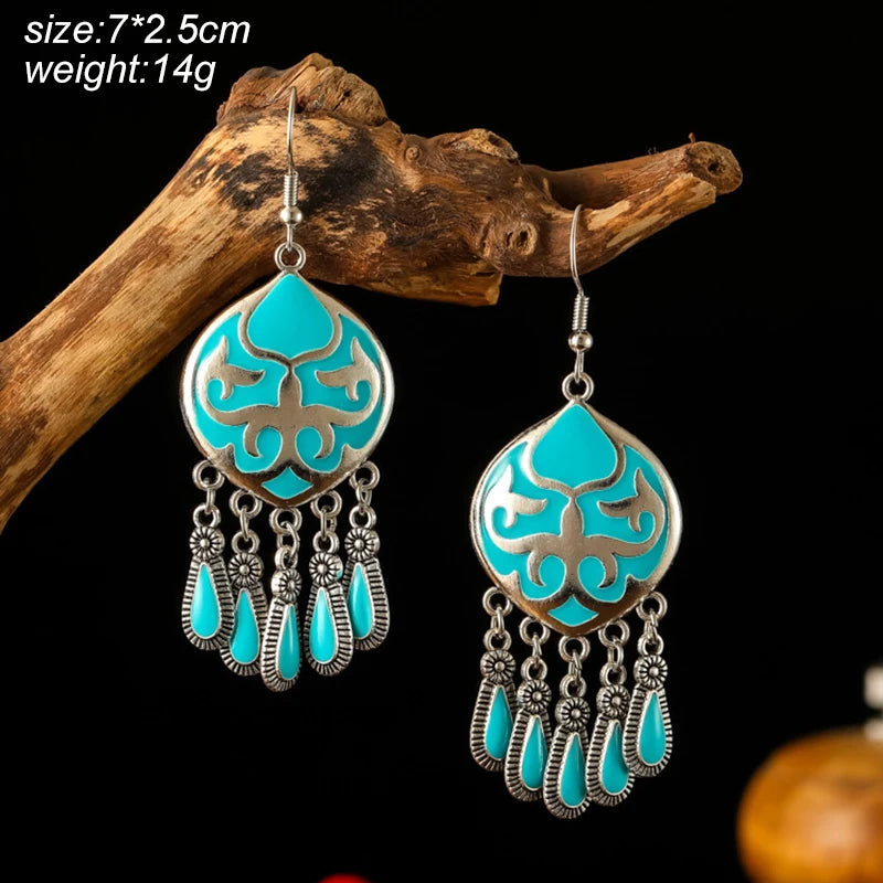 Blue Enamel Feather Crystal Long Earrings Jewelry