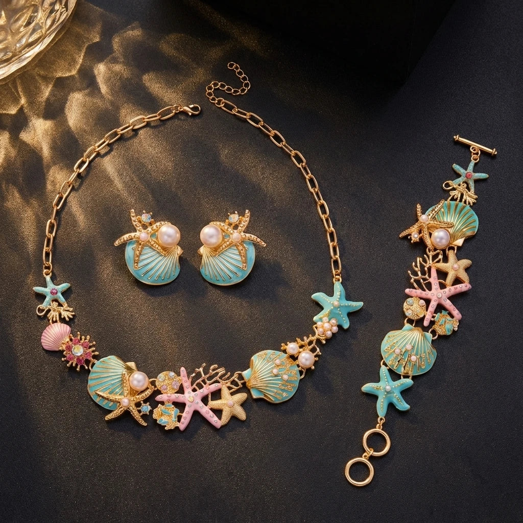Starfish Shell and Coral Statement Necklace, Bracelet or Earring Set