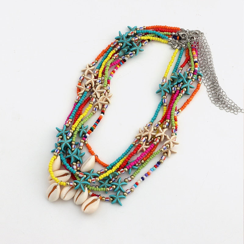 Necklace Boho Colorful Beads Starfish with Sea Shell Pendant Women Handmade Chic Jewelry