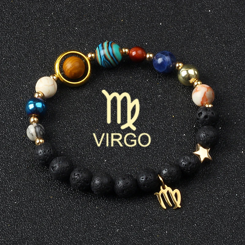 Eight Planets & Twelve Zodiac Beaded Bracelet, Natural Stone Cosmic Astrology Talisman