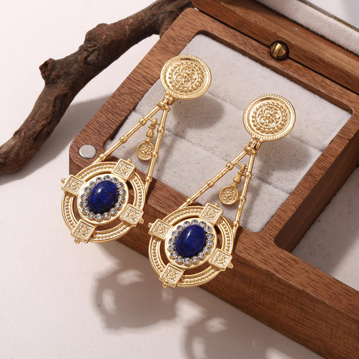 Vintage 18K Gold Plated Drop Earrings with Lapis lazuli Stone & Rhinestones - Elegant Geometric Women's Jewelry Daily Ear Charm - Charlie Dolly