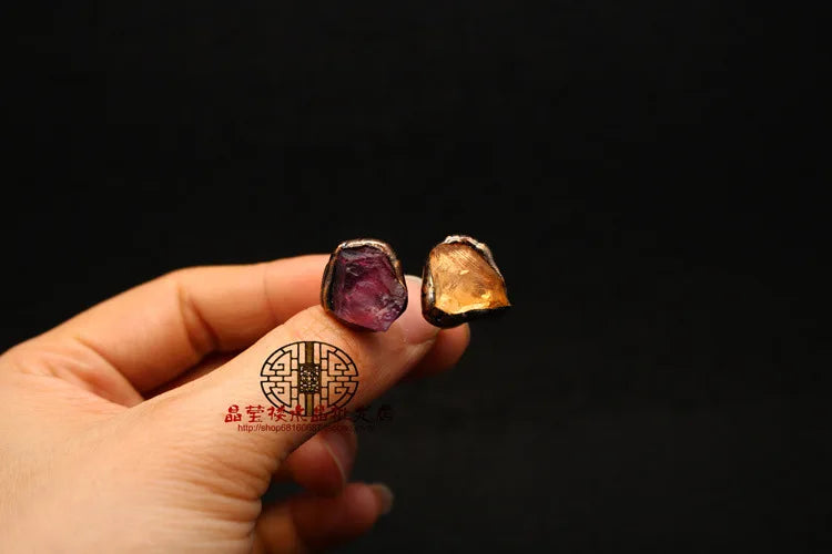 Natural Gem Raw Stone Amethyst Ring Crystal Bronze Plated Citrine Green Fluorite Boho Vintage Fashion For Women's Jewelry Gifts - Charlie Dolly