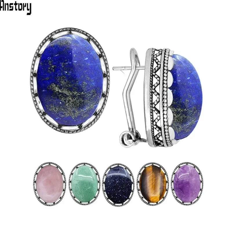 Oval Natural Lapis Lazuli Tiger Eye Pink Quartz Jades Blue Sequins Earrings Antique Sliver Plated Fashion Jewelry For Women - Charlie Dolly