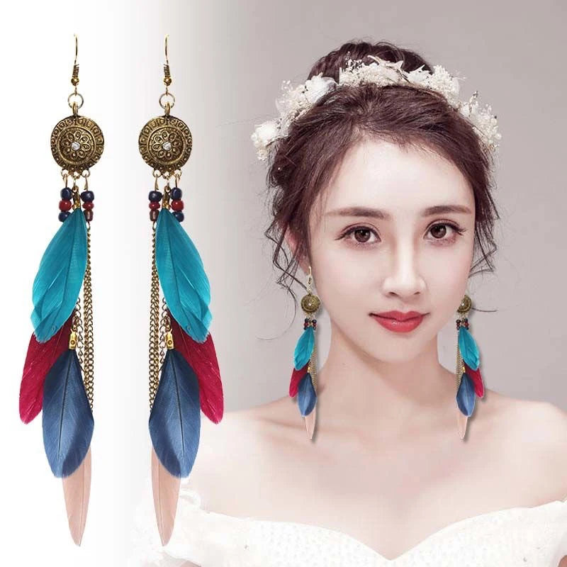 Feather Crystal Flower Bead Long Earrings Jewelry