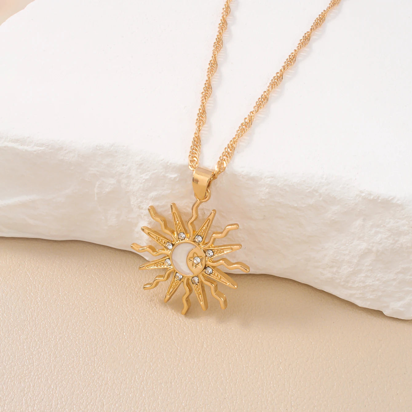 Sun Moon & Star Three-in-One Rhinestone Pendant Necklace, Vintage Celestial Talisman