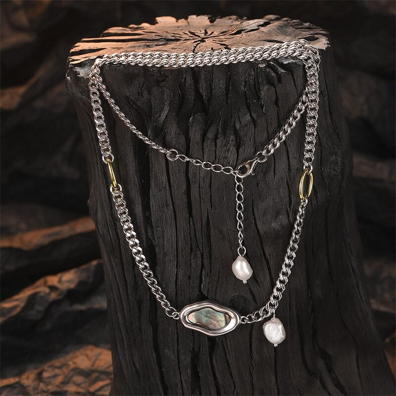 925 Sterling Silver Abalone Shell Necklace French Light Luxury Irregular Baroque Freshwater Pearl Necklace Women Fine Jewelry