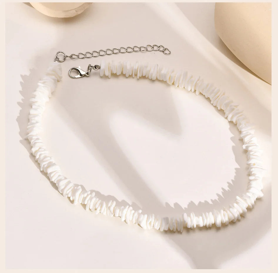 Hawaiian White Puka Shell Chain Choker Necklace