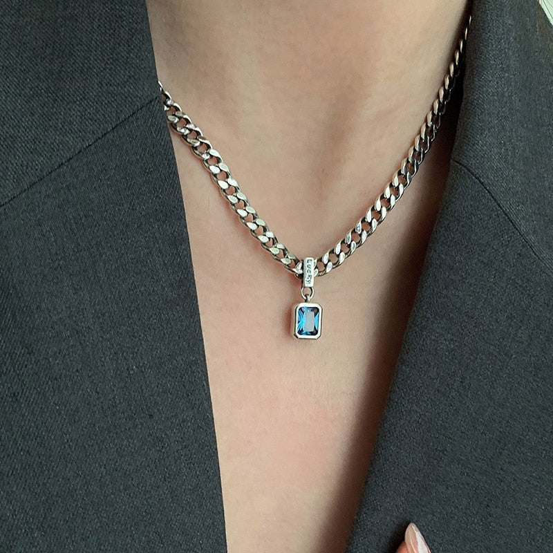 New 925 Sterling Silver Square Blue Zirconia Necklace Cuban Type Choker Matching Party Gift Exquisite Women's Jewelry