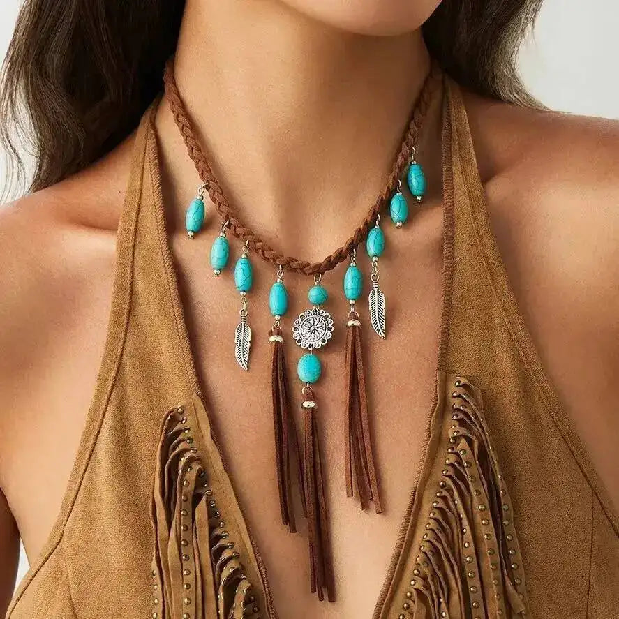 Feather Tassel Woven Rope Stone Choker Necklace Jewelry