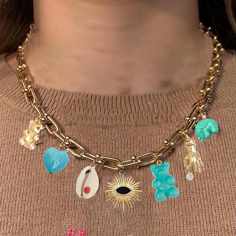 Goth freshwater pearl necklace women yellow smile beads coral Vintage Multi Layer Link Chain Necklace Punk Aesthetic Jewelry