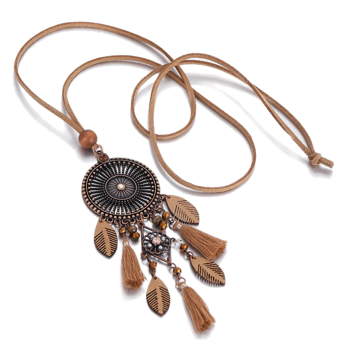 Wood Flower Bead Leaf Tassel Long Necklace Jewelry
