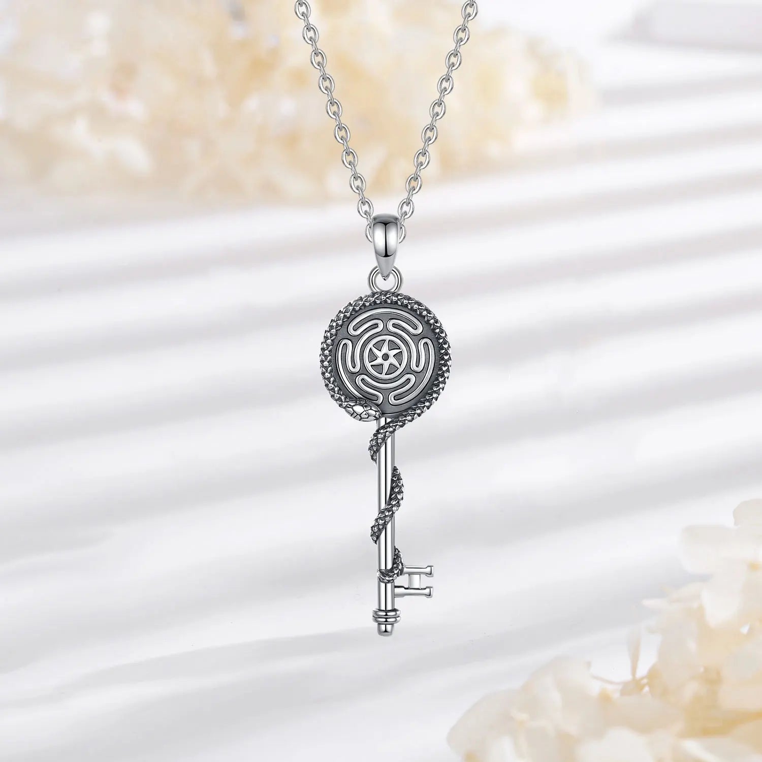 S925 Sterling Silver Hecate Wheel, Snake & Key Pendant Necklace, Triple Goddess Witch Pagan Amulet