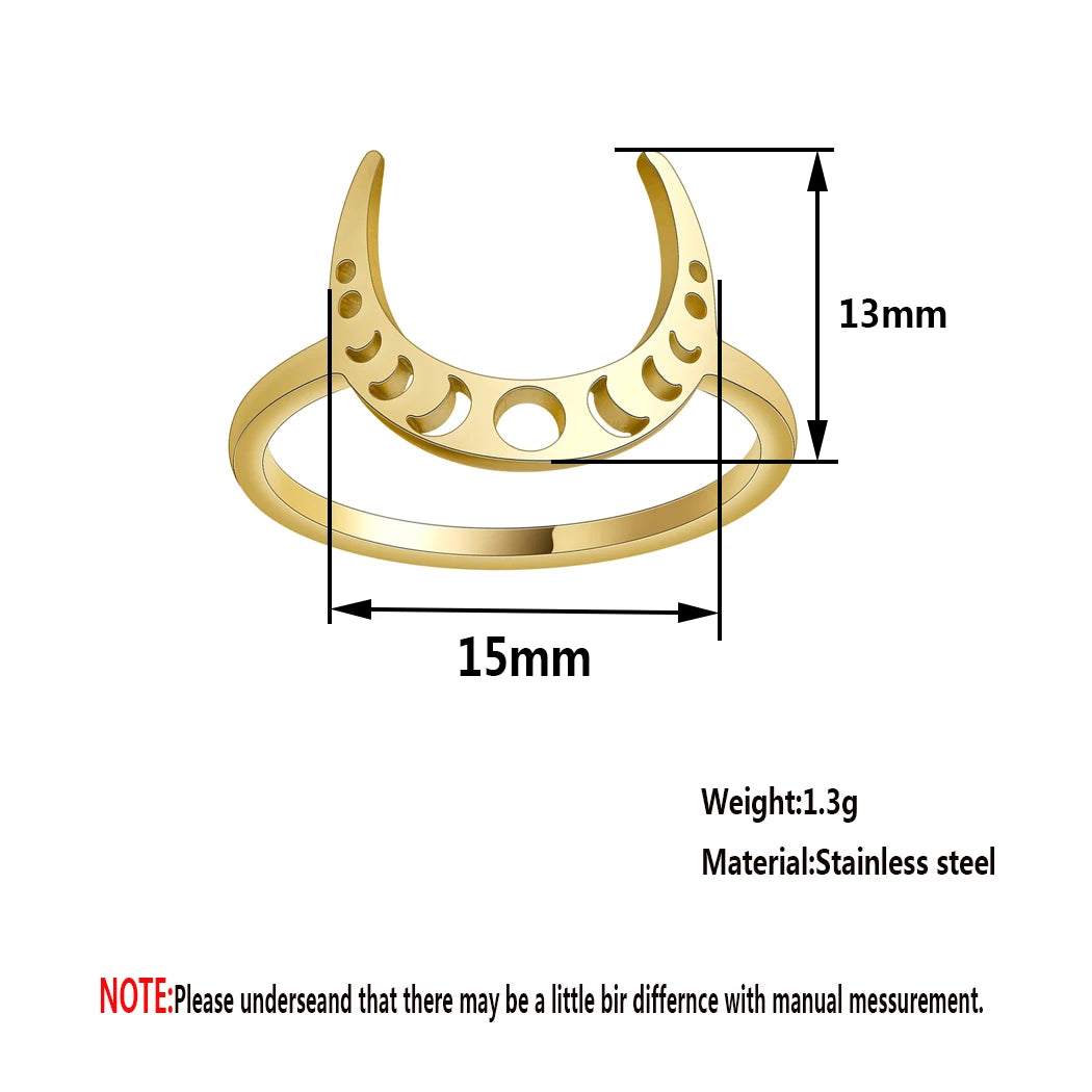 Moon Phase Band Ring, Stainless Steel Celestial Witchy Amulet