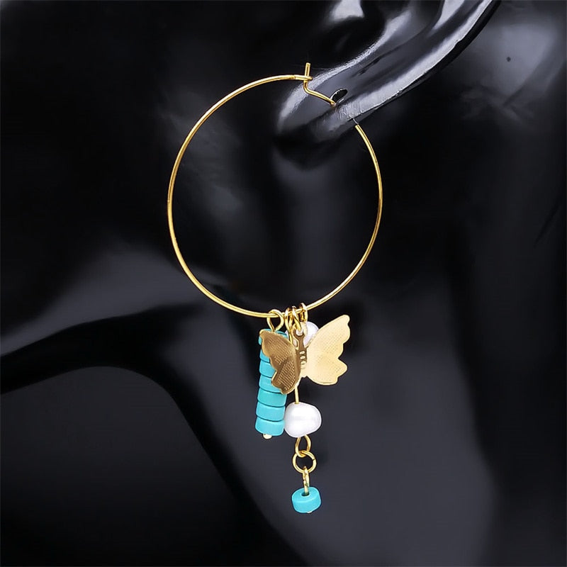 Boho Butterfly Pearl Tassel Hoop Earrings for Women Stainless Steel Blue Bead Dangle Earring Kpop Party Jewelry Gift