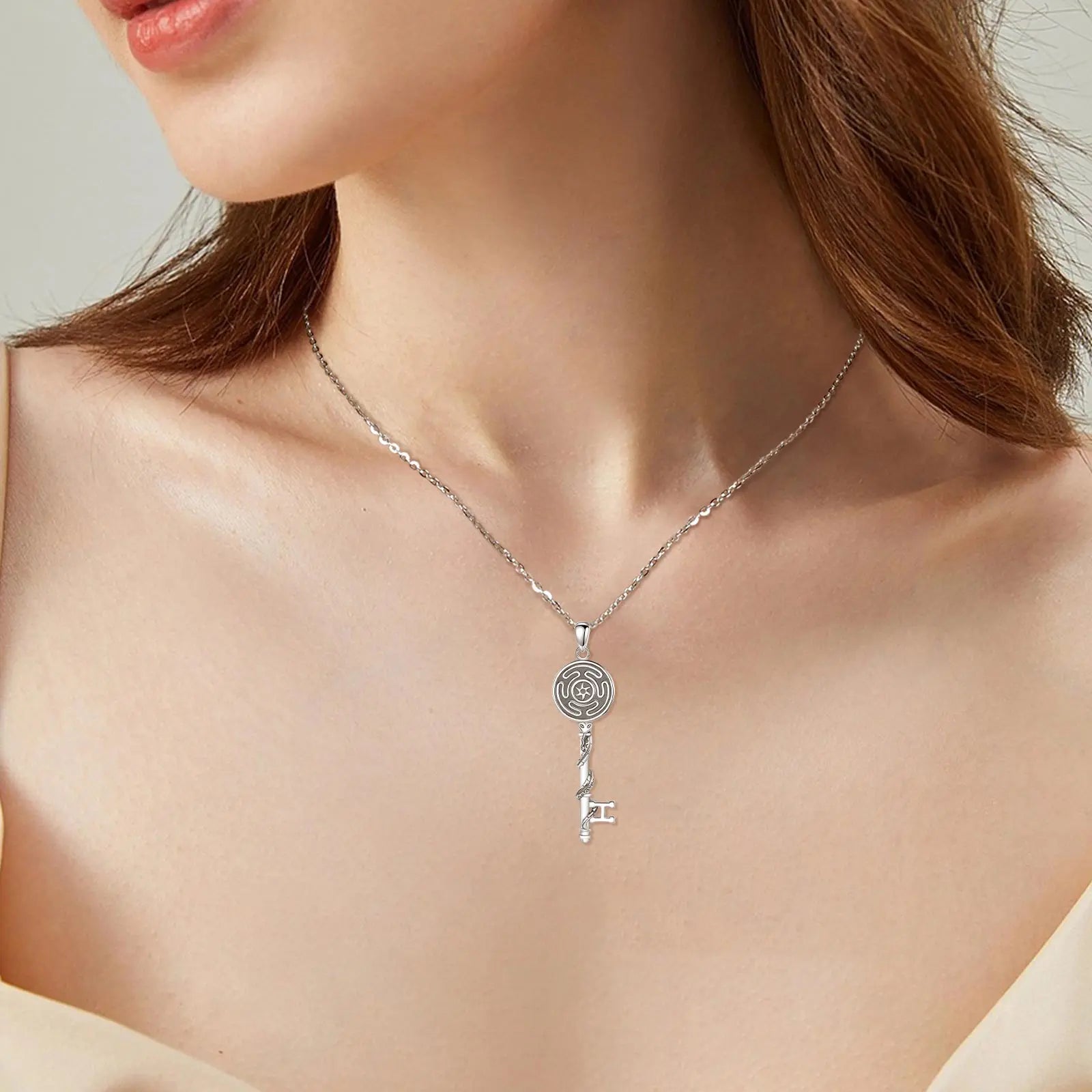 S925 Sterling Silver Hecate Wheel, Snake & Key Pendant Necklace, Triple Goddess Witch Pagan Amulet