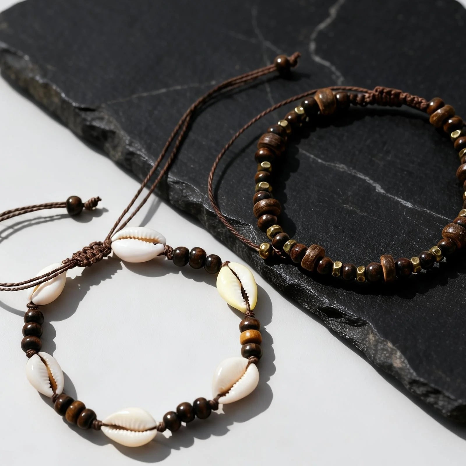 Cowrie Shell and Coconut Wood Bead Boho Anklet