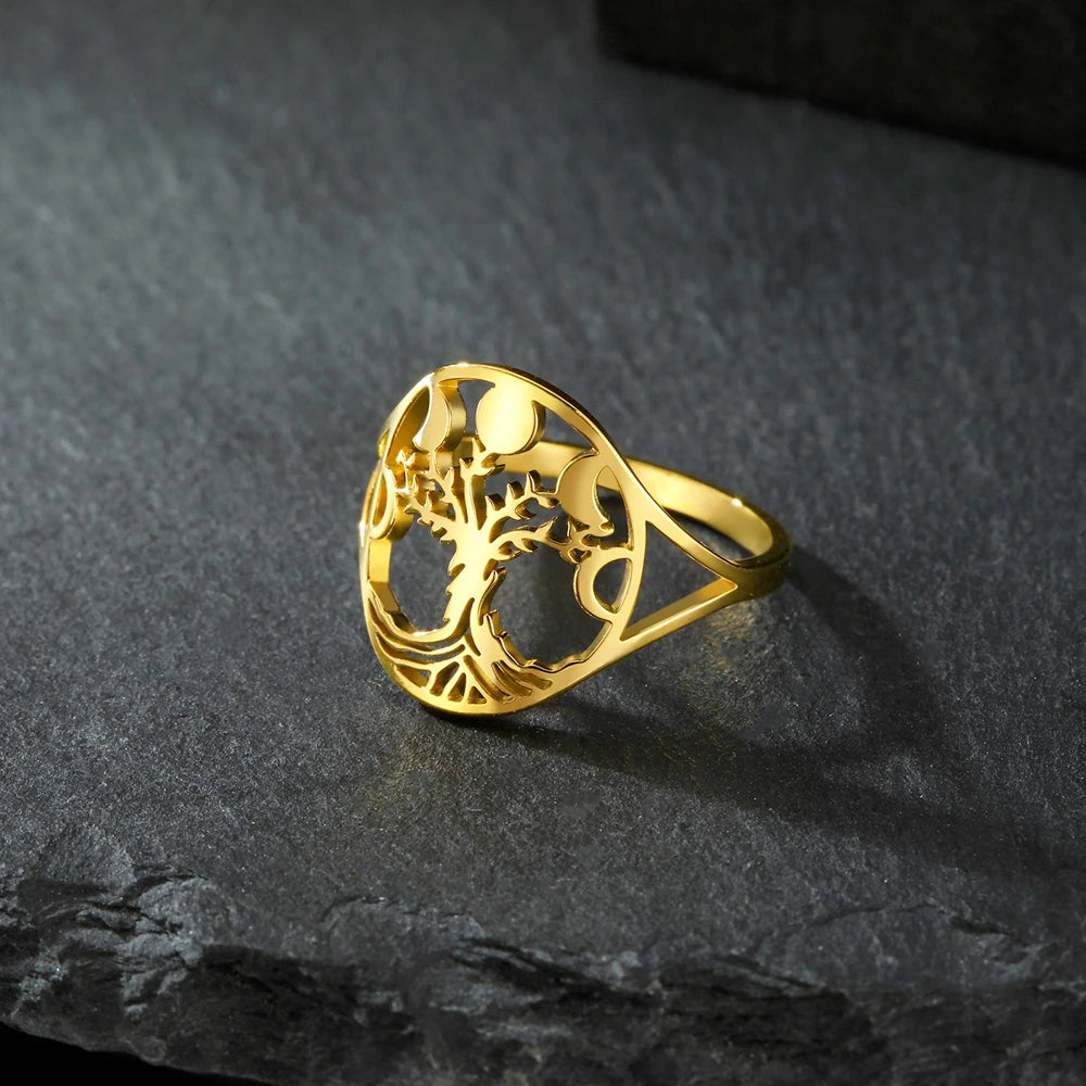 Moon Phase Tree of Life Ring, Stainless Steel