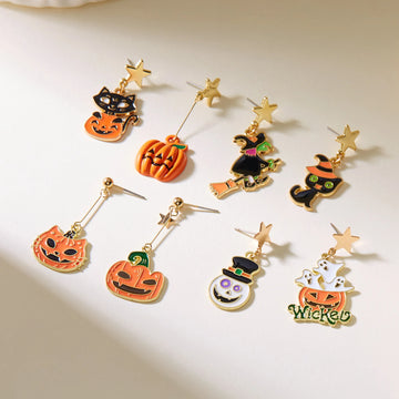 Cute Halloween Enamel Pumpkin Drop Earring for Women Ghost Cat Statement Asymmetrical Earrings Jewelry All Saints' Day Gift