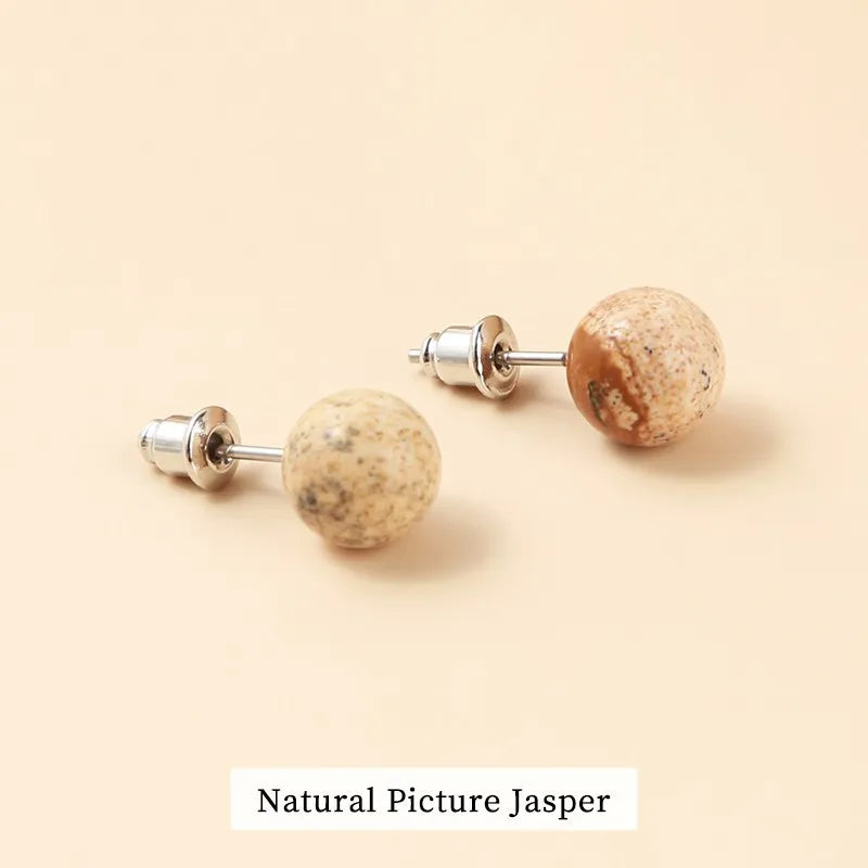 Natural Stone Agate Quartz Lapis Lazuli Tiger Eye Round Bead Stud Earrings Women Fashion Simple Stainless Steel Crystal Ear Stud - Charlie Dolly