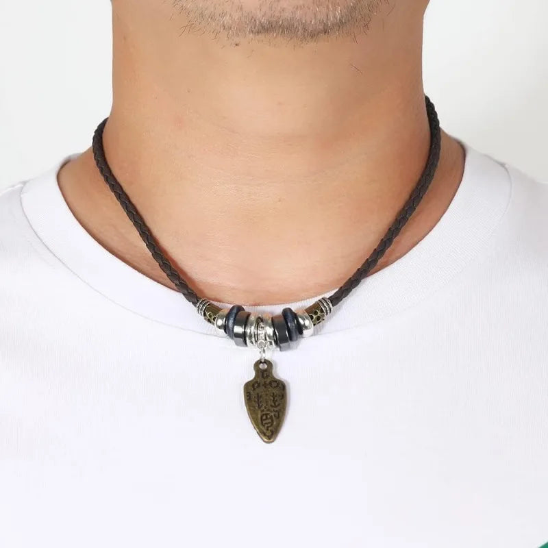 Braided Leather Bead Charm Necklace Jewelry