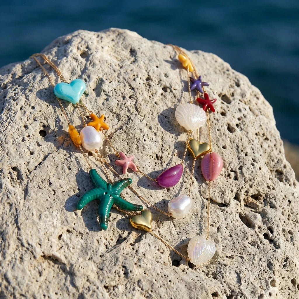 Tropical Starfish Heart and Shell Triple Layer Necklace