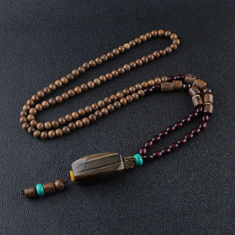 Wood Bead Bodhi Pendant Sweater Chain Necklace Jewelry