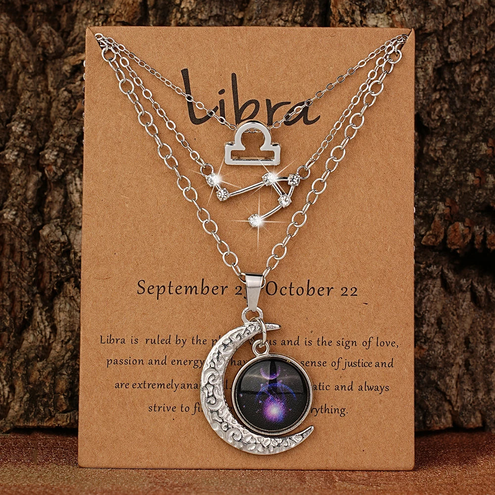 Zodiac Moon Glow Pendant Necklace Set of 3 with Birthstone Cards, Bestie & BFF Gift