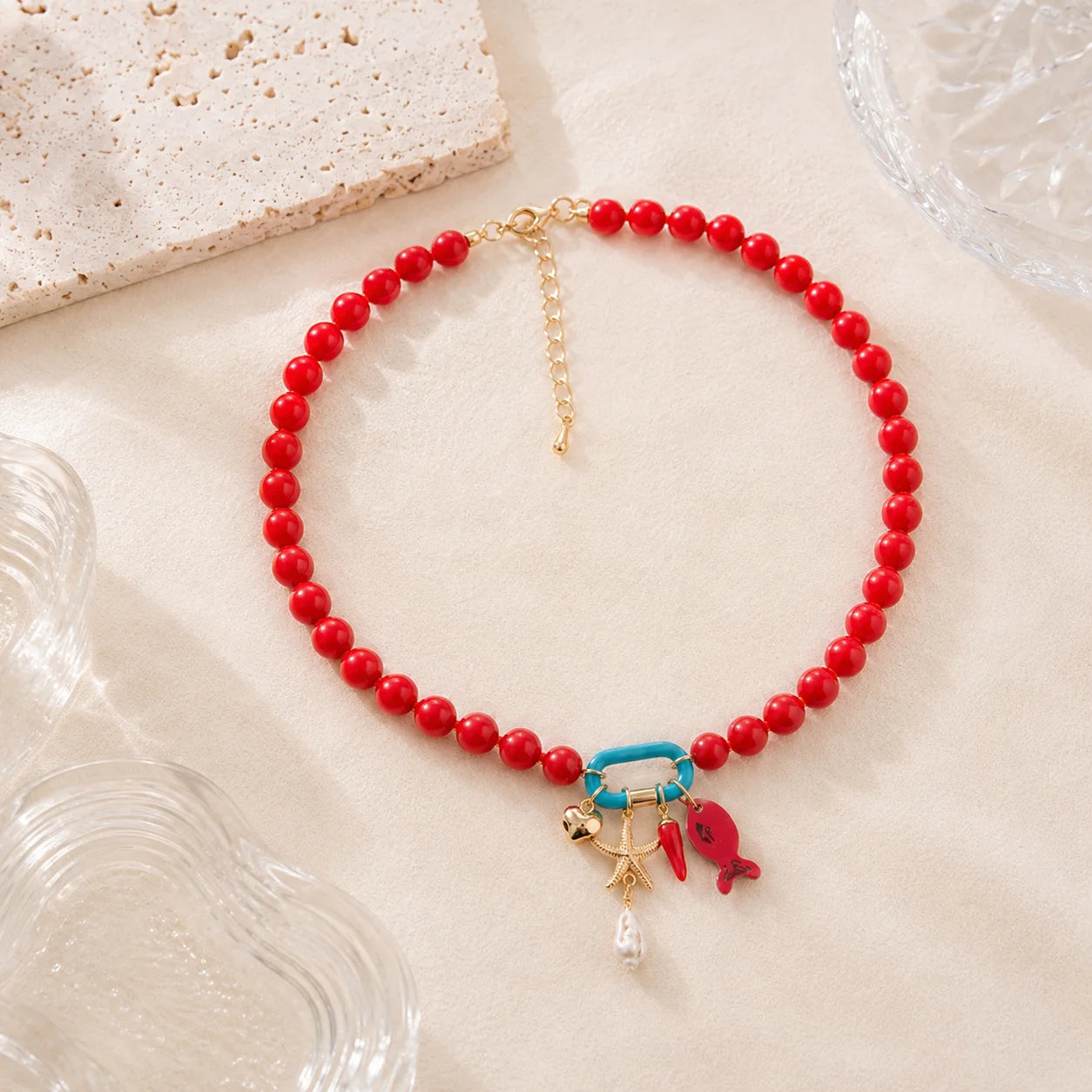 Fish, Starfish and Shell Colorful Handmade Boho Necklace