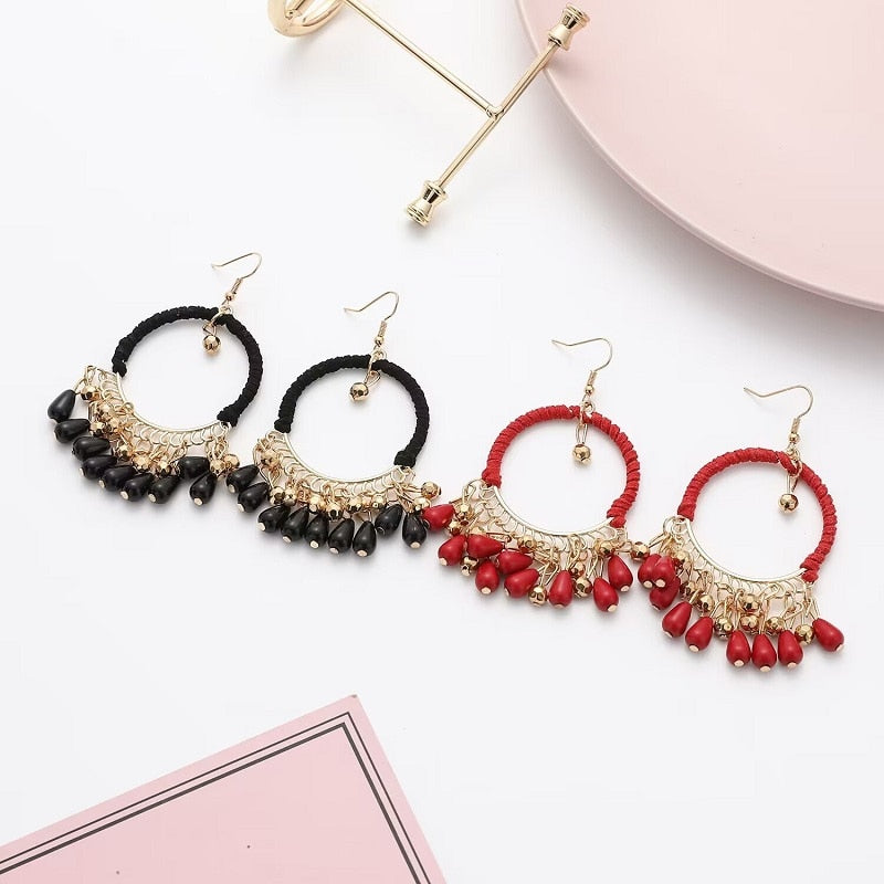 Boho Vintage Beads Tassel Wedding Earrings Indian Jhumka Ethnic Gold Color Round Drop Earrings Brincos Jewelry