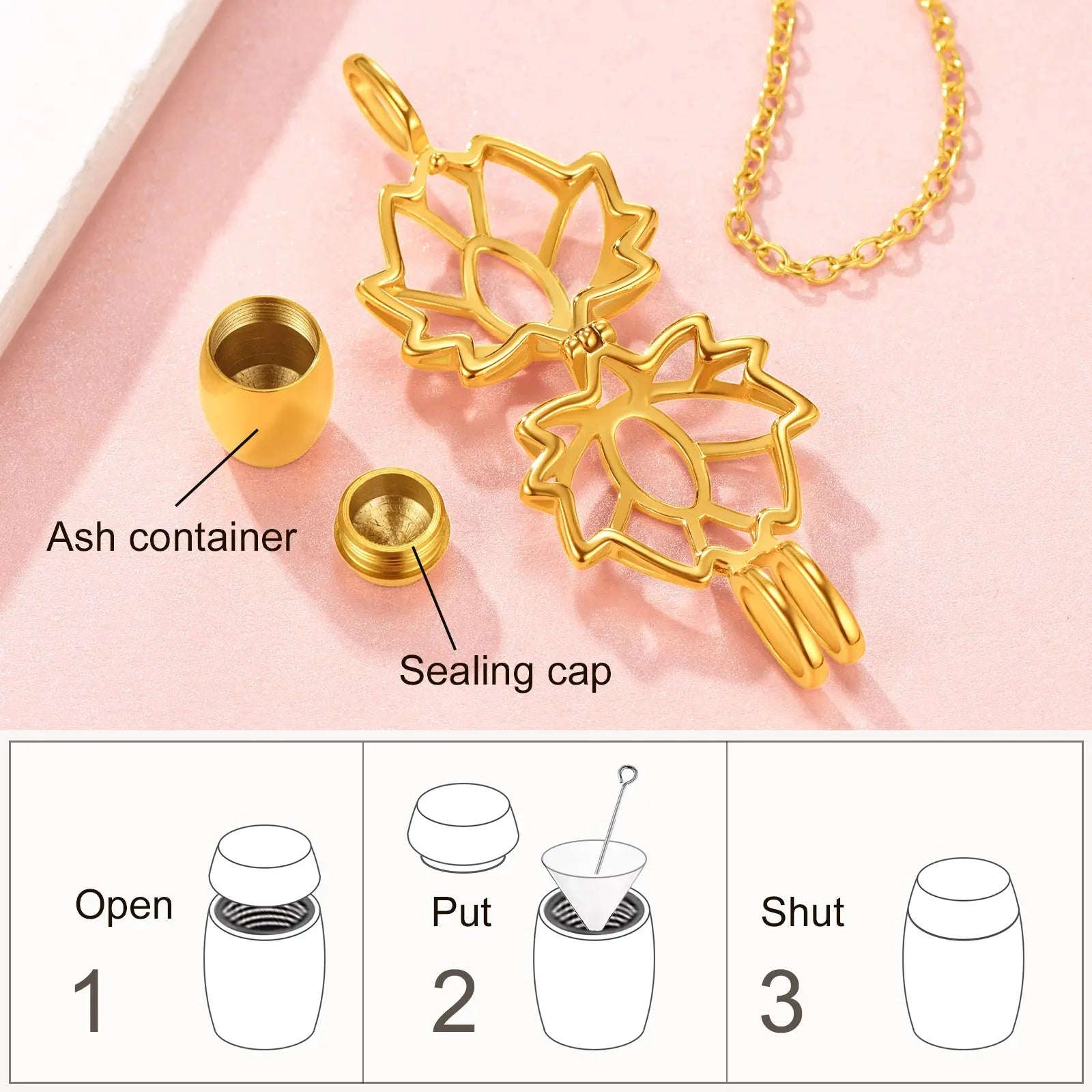 Lotus Flower Cremation Ashes Urn Necklace, Stainless Steel Memorial Keepsake Pendant