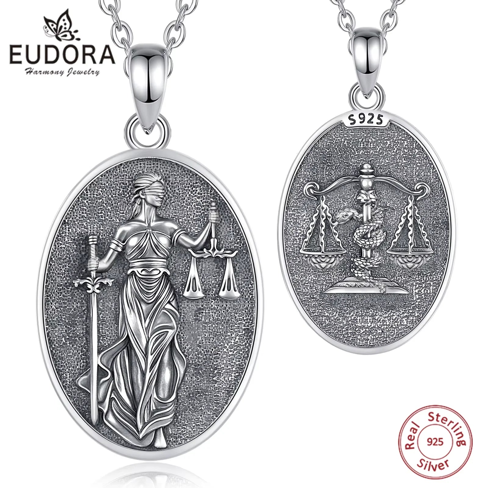 S925 Sterling Silver Themis Goddess of Justice Pendant Necklace, Sword & Scales Wicca Talisman