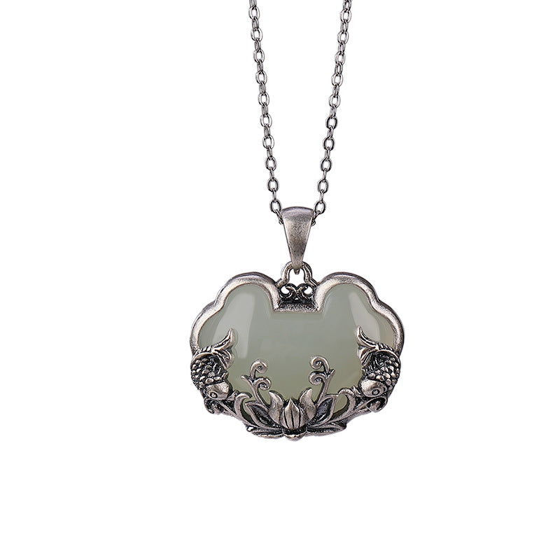 925 Silver Hotan Jade Lotus & Fish Ruyi Pendant, Boho Blessing Necklace