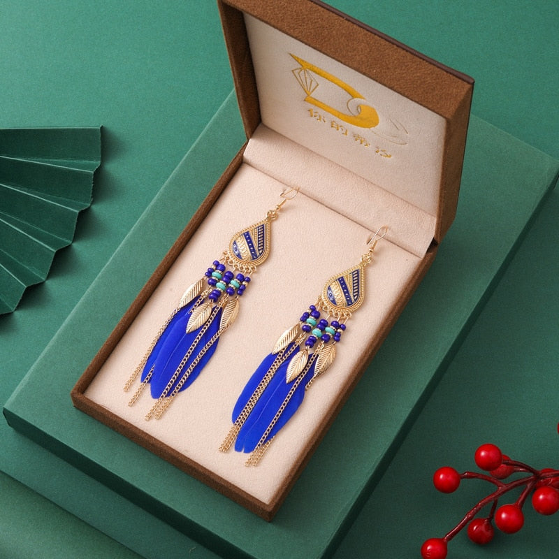 Vintage Long Water Drop Feather Earrings for Women Elegant Insert Rhinestone Crystal Bead Leaf Tassel Earring Female Jewelry