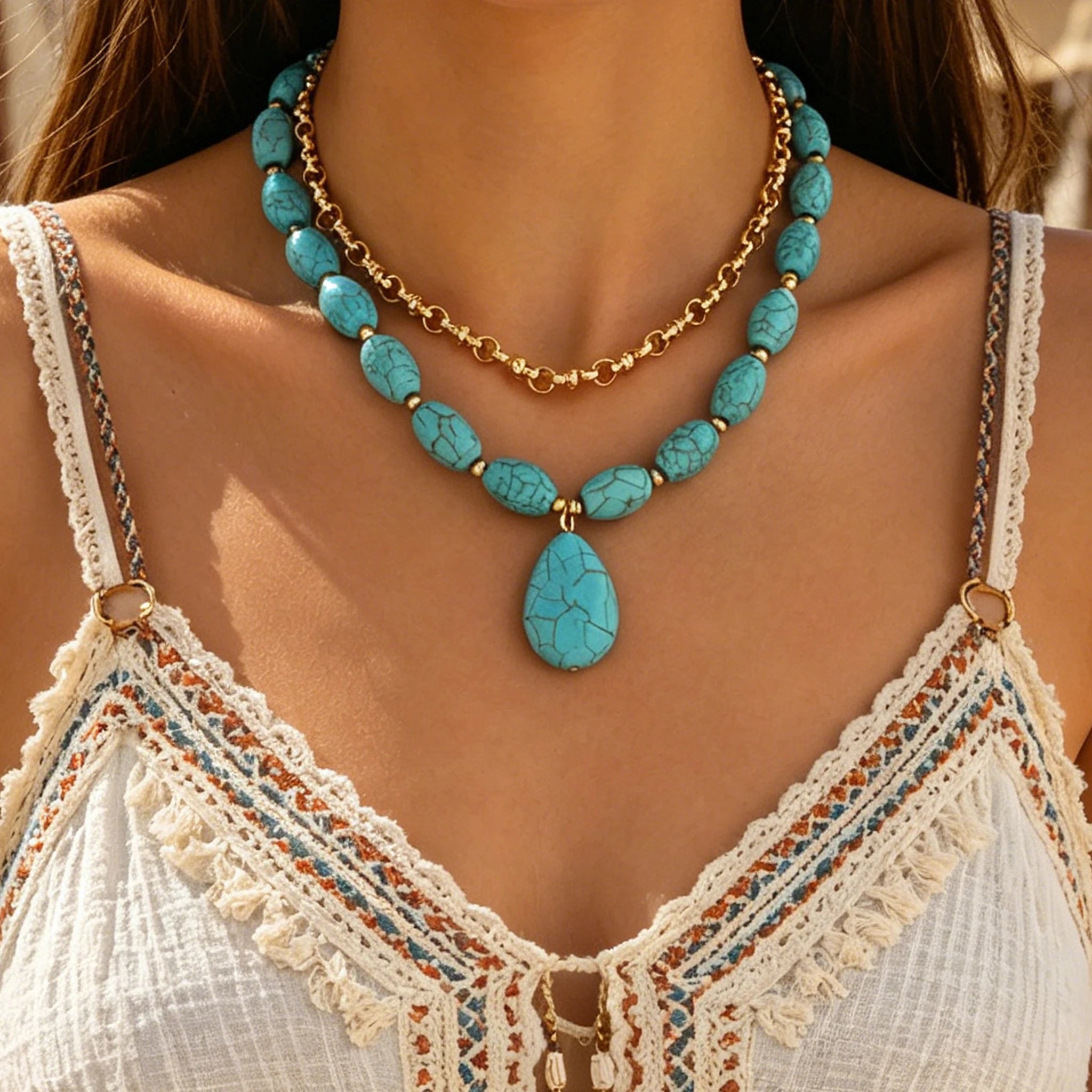 Turquoise Oval Pendant Layered Choker Set Jewelry