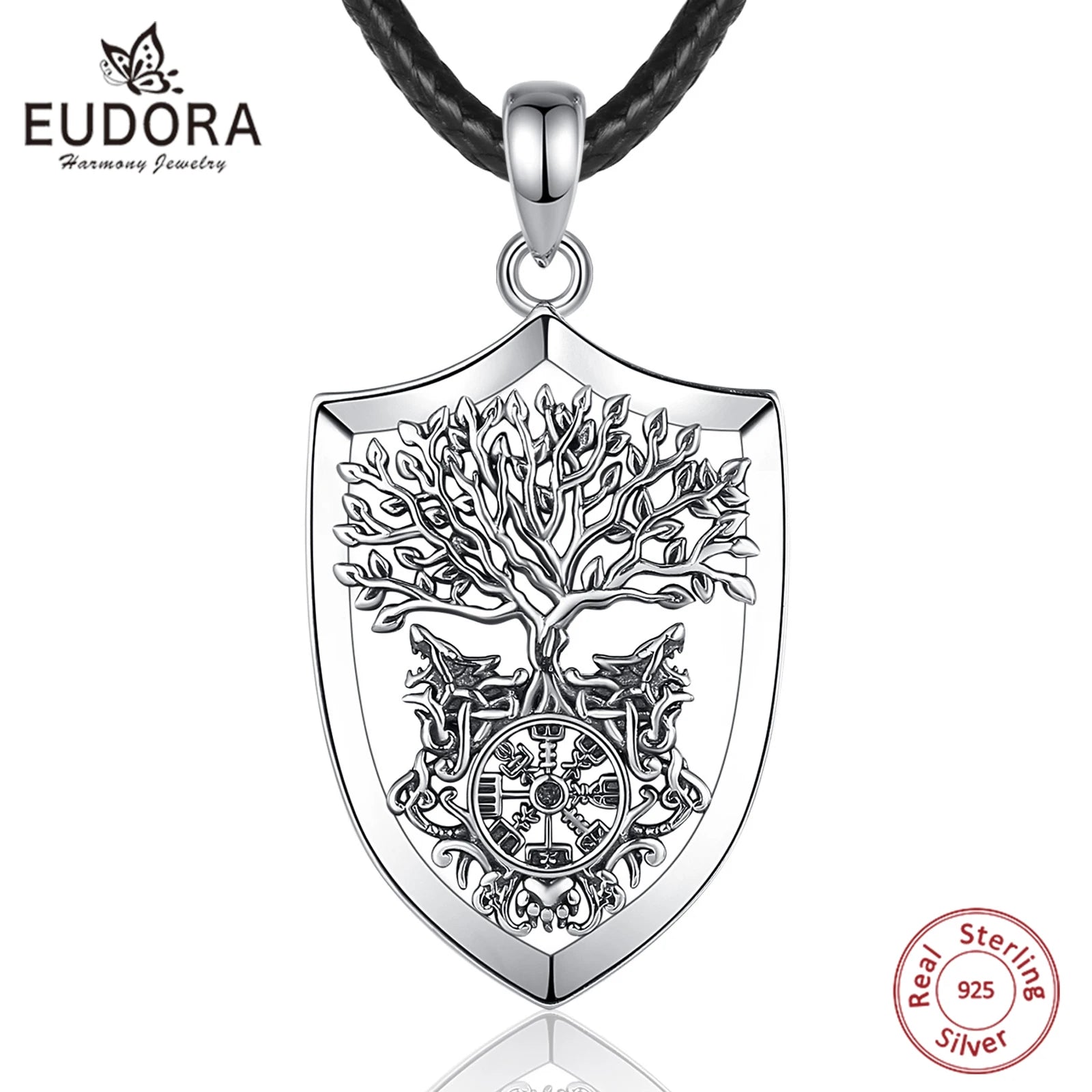 S925 Sterling Silver Viking Yggdrasil Compass Pendant Necklace, Tree of Life Wolf Norse Amulet