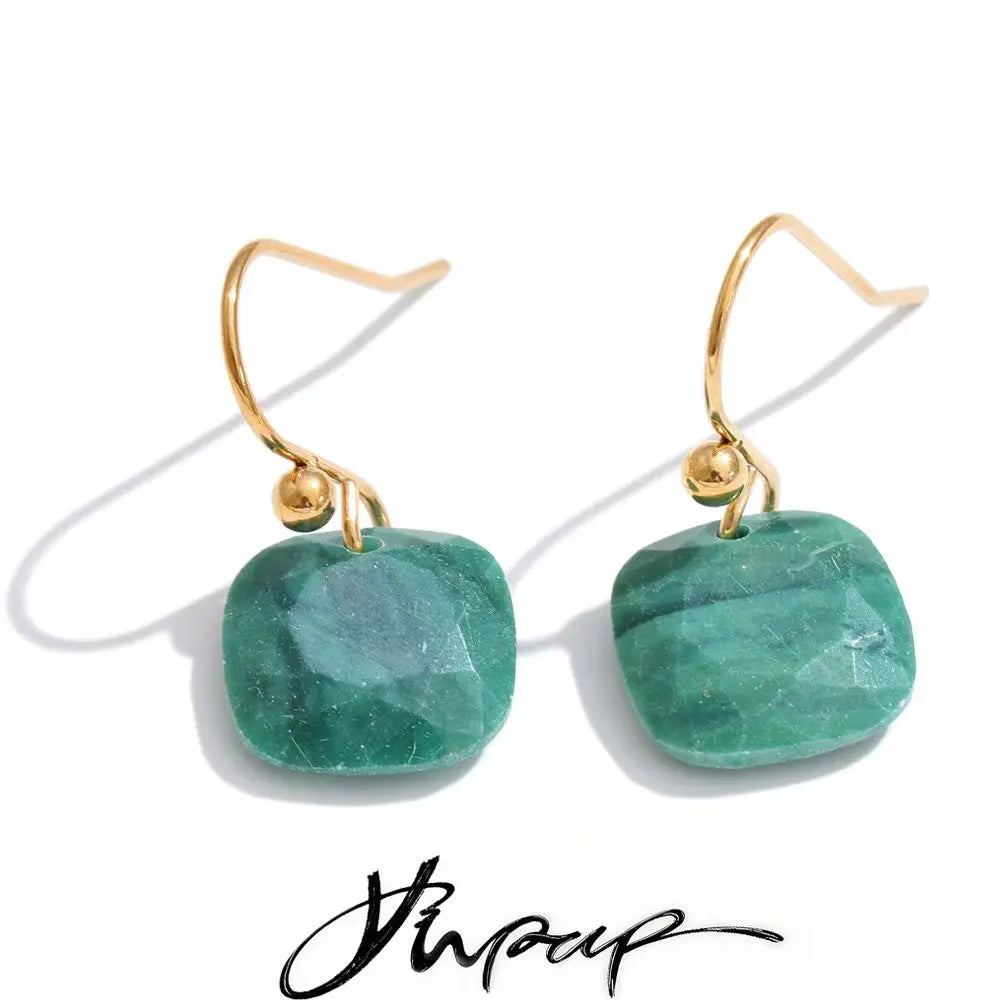 Natural Stone Square Drop Earrings, Tiger Eye Agate 14K Gold-Plated Stainless Steel Jewelry