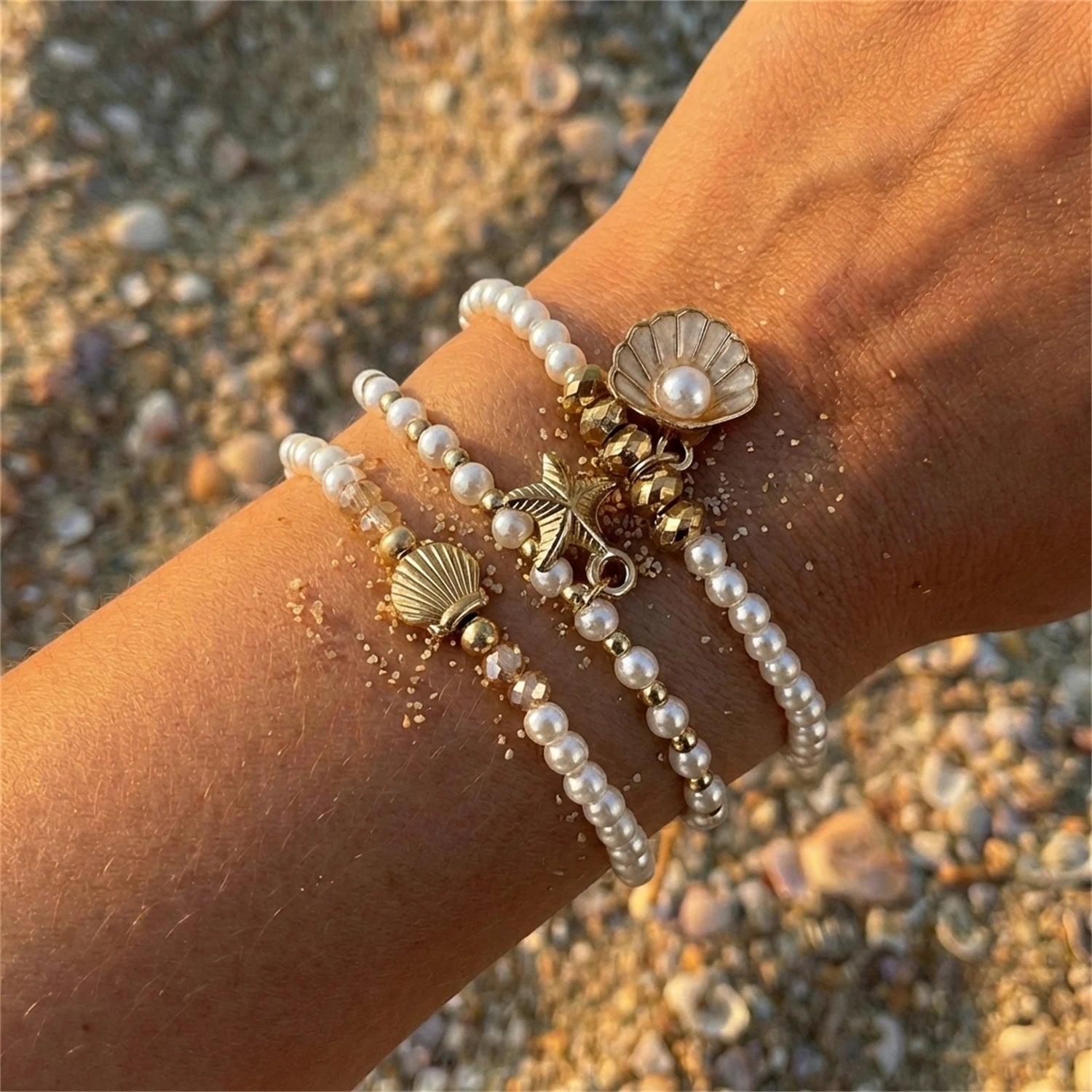 Shell and Starfish Pearl Beaded Stackable Bracelet Set (6 Pieces)