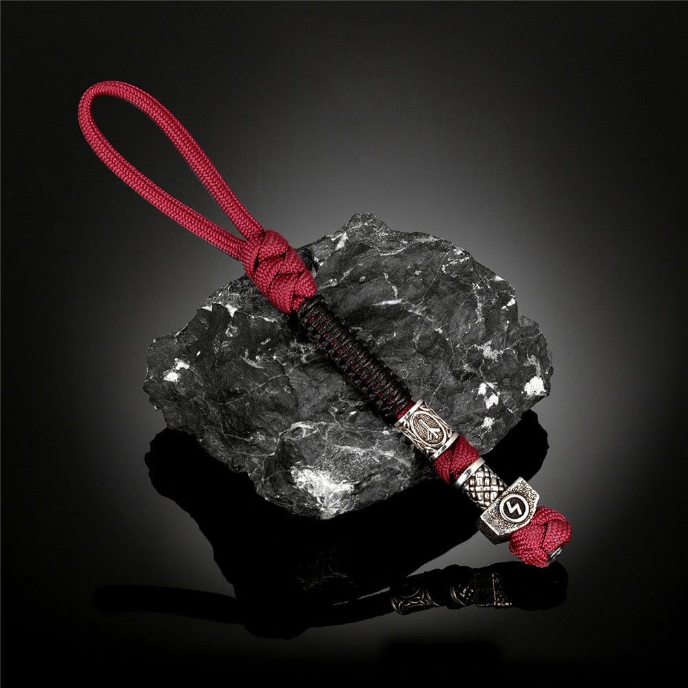 Norse Runes Beads Survival Rope Keychain Men's Lanyard Thor's Hammer Knife Pendant Keyring Car Key Accessories Handmade Jewelry