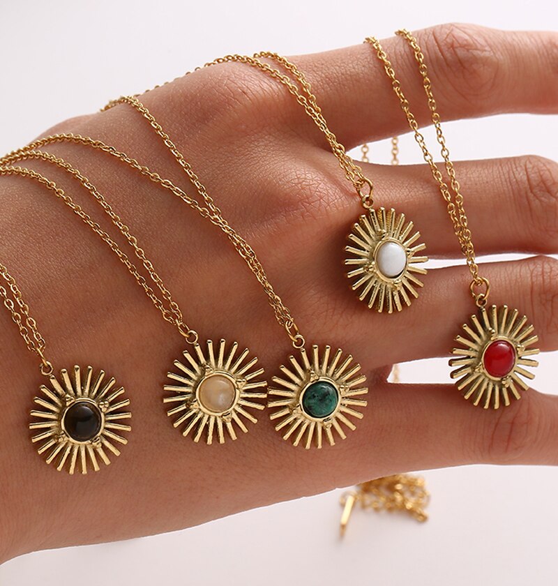 Bohemia Natural Stone Sunflower Pendant Necklaces for Women Stainless Steel Clavicle Chain Necklaces Female Party Jewelry Gifts