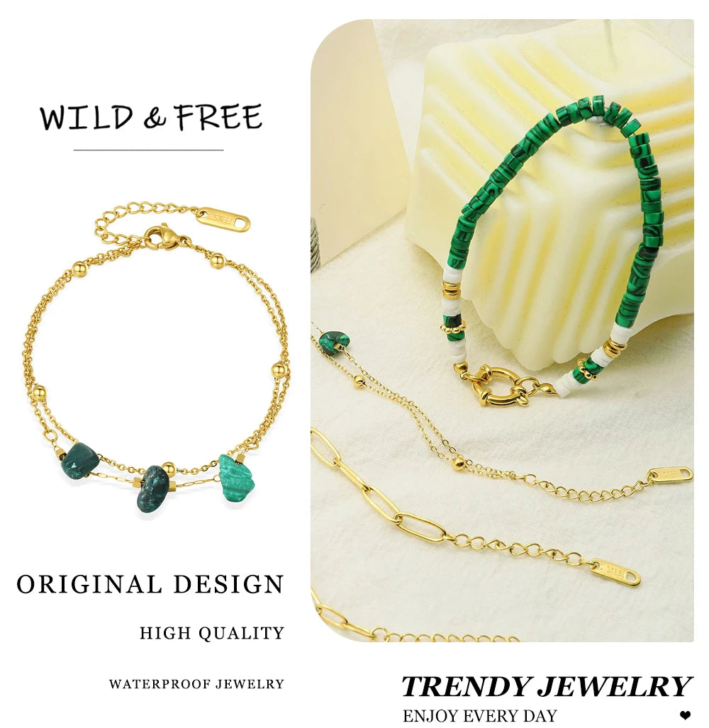 WILD & FREE Boho Vintage Green Natural Stone Bracelets for Women Stainless Steel Trendy Charms Aesthetic Jewelry Set - Charlie Dolly